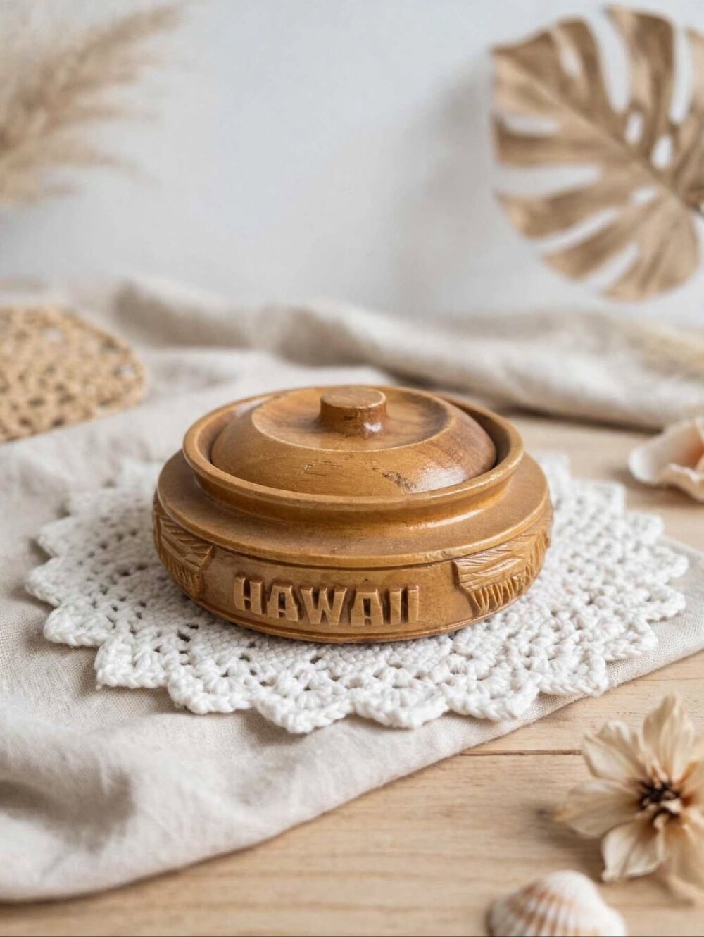 Vintage Mid-Century Monkeypod Wood Lidded Bowl | Carved Hawaii Souvenir